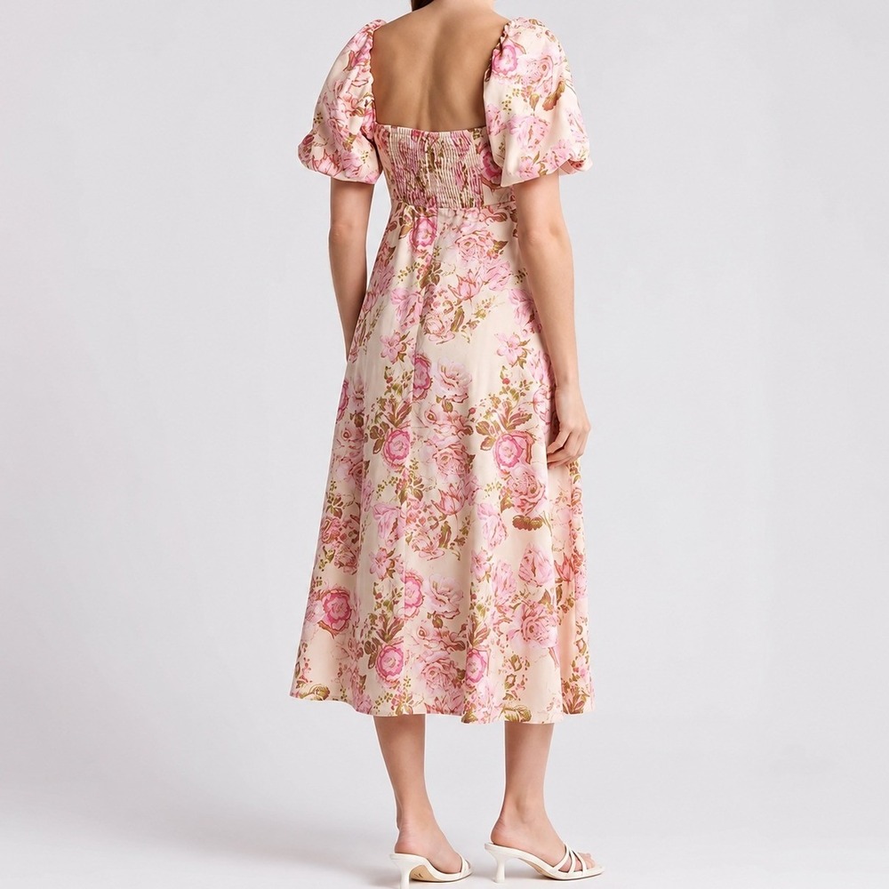 Avec Les Filles Pink Floral Print Puffed Sleeve Twist Bodice Midi Dress Size 12 - Picture 2 of 13
